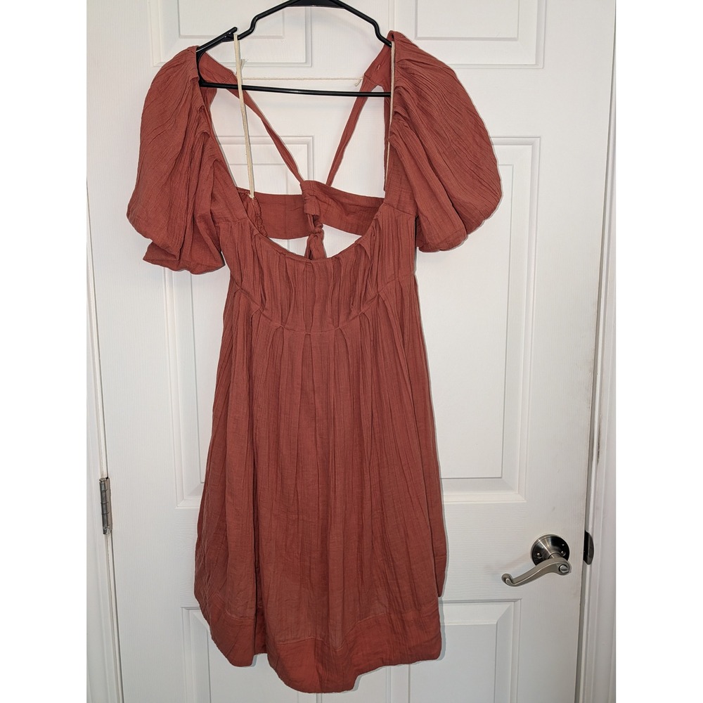 NWT Free People Rust Puff Sleeve Open Back Mini Dress Size L Boho Cottagecore